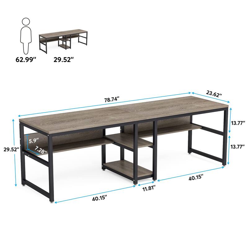 78.7" Two Person Desk with Bookshelf, Office Double Desk for Two Person