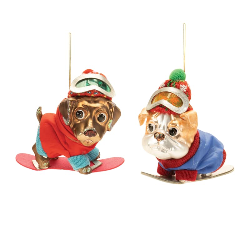 Snowboarding Dog Ornaments Glass Christmas Tree Decor Set of 6 - 5.75” x 3.5” x 5” - Brown