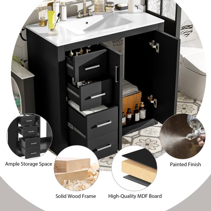 36'' Bathroom Vanity with Ceramic Sink Combo, Solid Wood Frame Bathroom Storage Cabinet with 3 Drawers& Soft Closing Doors