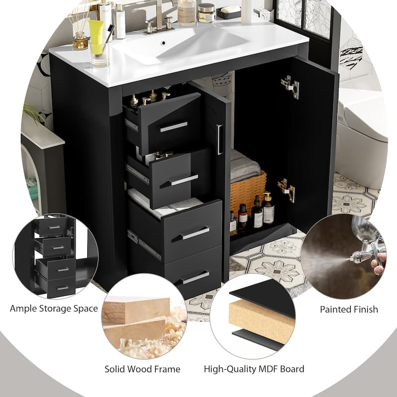 36'' Freestanding Bathroom Vanity Set–Features a Ceramic Sink, Solid Wood Frame,3 Soft-Closing Drawers, and Ample Storage Space.
