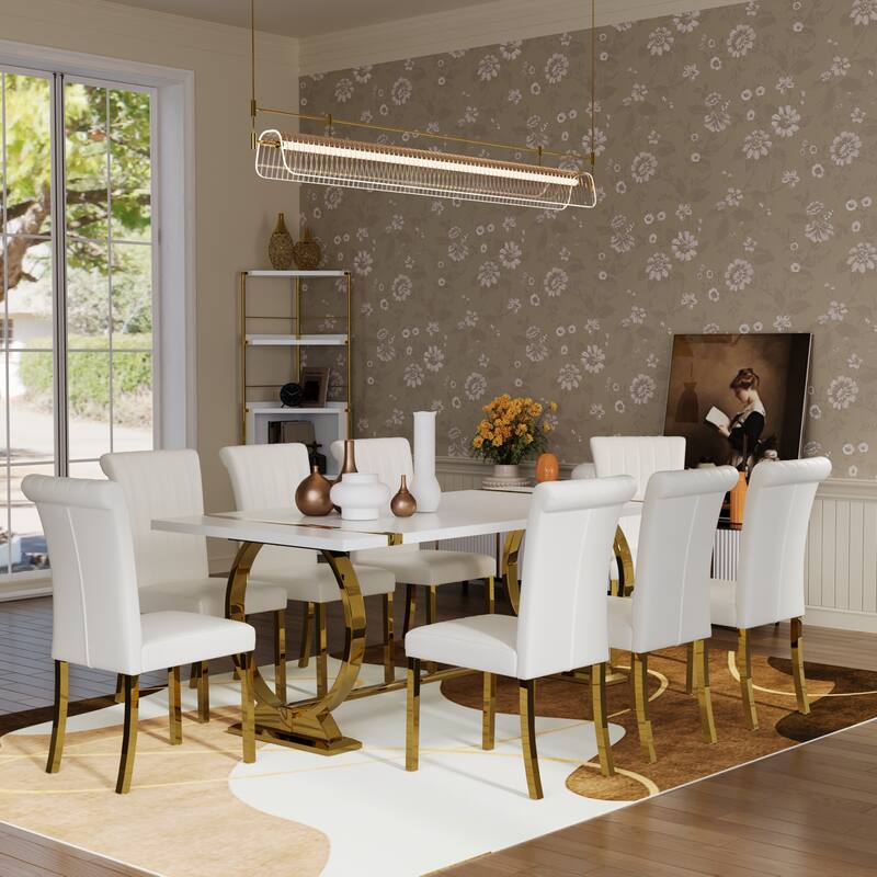 Luxury Dining Table Set with PU Leather Dining Chairs - White and Gold - Table with 8 Chairs