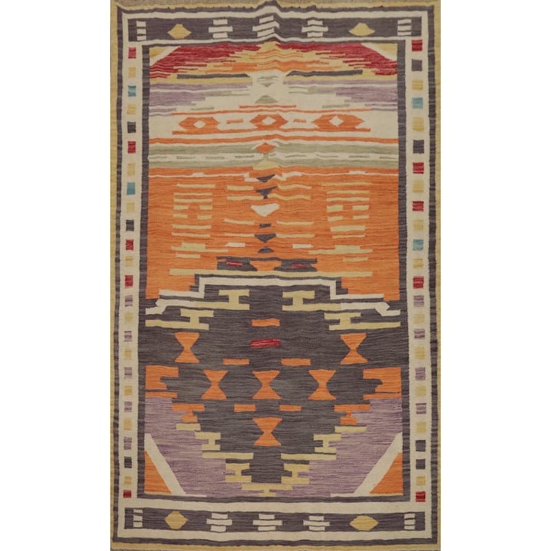 Hand Woven Oriental 100% Wool Carpet Southwestern Tribal Oranges & Rust Kilim Area Rug - 5' 11'' X 4' 1''