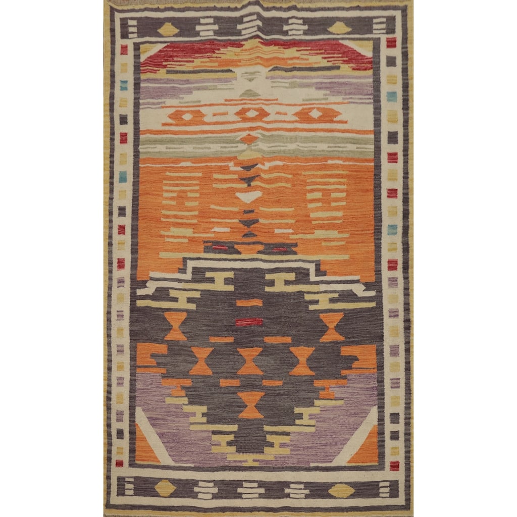Hand Woven Oriental 100% Wool Carpet Southwestern Tribal Oranges & Rust Kilim Area Rug - 5' 11'' X 4' 1''
