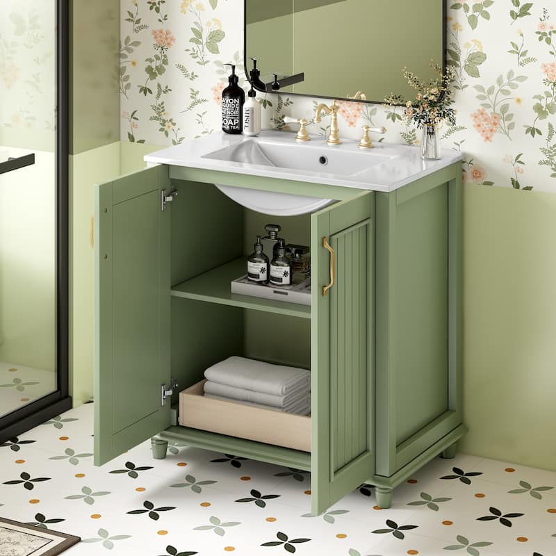 Rural Pastoral Style Bathroom Vanity Freestanding Vertical Stripe Cabinet with Ceramic Sink, Hidden Drawer and Gold Handles