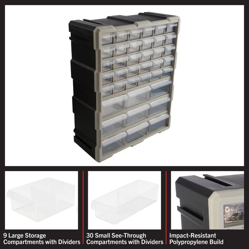 39-Drawer Plastic Small Parts Organizer - Desktop or Wall Storage Drawers for Organizing Hardware by Stalwart (Black)