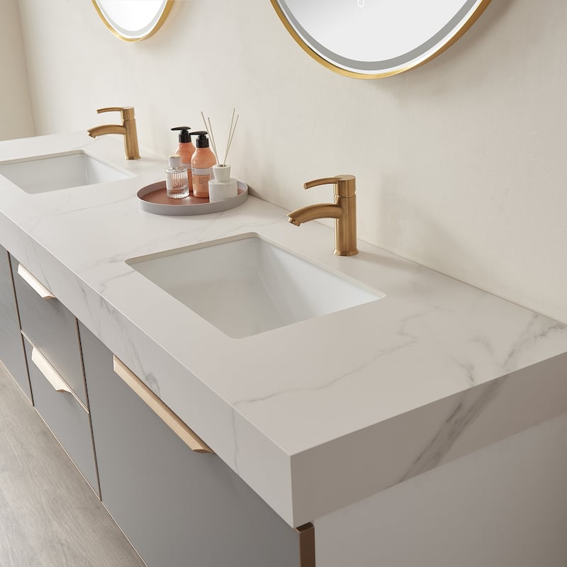 Alicante 84" Double Vanity in Grey with Sintered Stone Top, Mirror