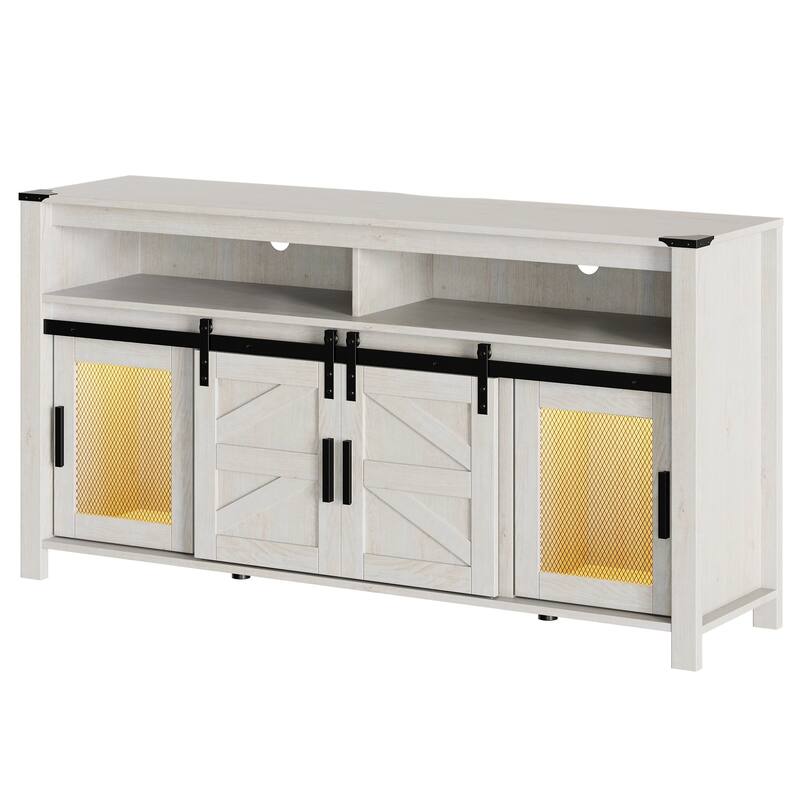 LED Farmhouse Entertainment Center with Mesh and Barn Doors, 31" H - 59" - Antique White & Yellow LED Lights