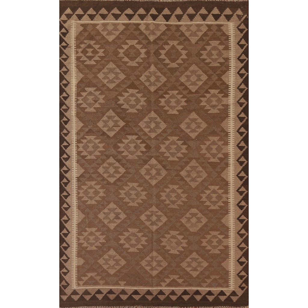 Brown Kilim Reversible Area Rug Flat-weave Living Room Wool Carpet - 5'4" x 8'2"