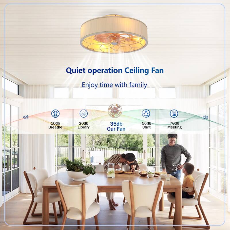 20" Farmhouse Fabric Matte White Bladeless Flush Mount Ceiling Fan With Light and Remote