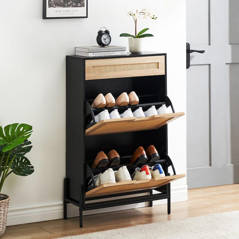 Natural Rattan 2 Flip Door with 1 Drawer Shoe Cabinet Organizer Freestanding, Modern Shoe Rack Storage Organizer - 24x9.4x40.3in