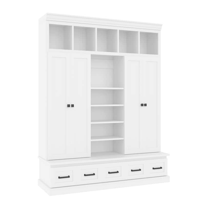 Large Wood Hall Tree with Bench, Modern 4 Door Entrance Storage Cabinet w/ 5 Drawers, Adjustable Shelves for Living Room