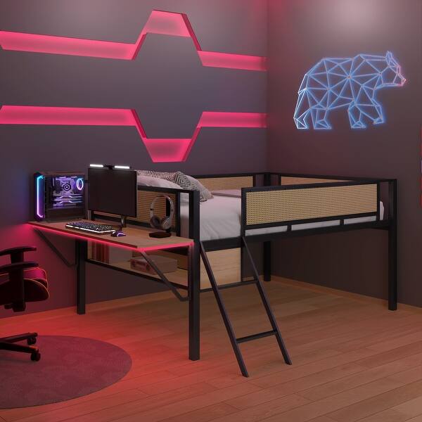 slide 2 of 9, Metal Loft Bed with Storage Shelves and Ladder, Black+Natural Black+Light Natural Desk