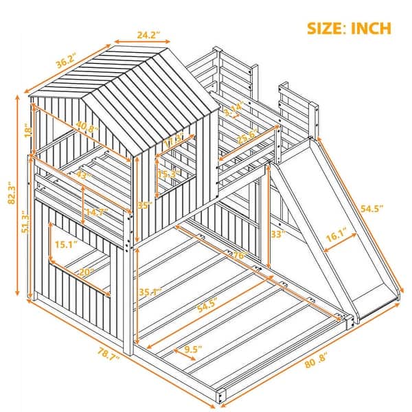 dimension image slide 1 of 2, Treehouse Style Twin over Full size Bunk Bed, Wooden Loft Bed with Playhouse, Ladder, Slide & Guardrail, Kids' Furniture