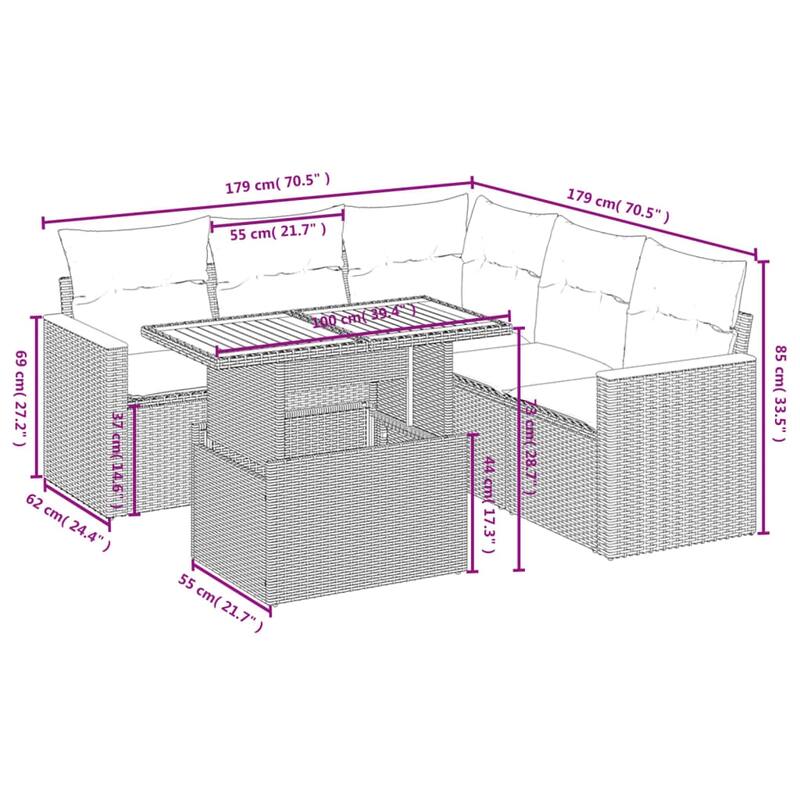 vidaXL Patio Sofa Set with Cushions Outdoor Furniture 6 Piece Poly Rattan - 24.4 x 24.4 x 27.2