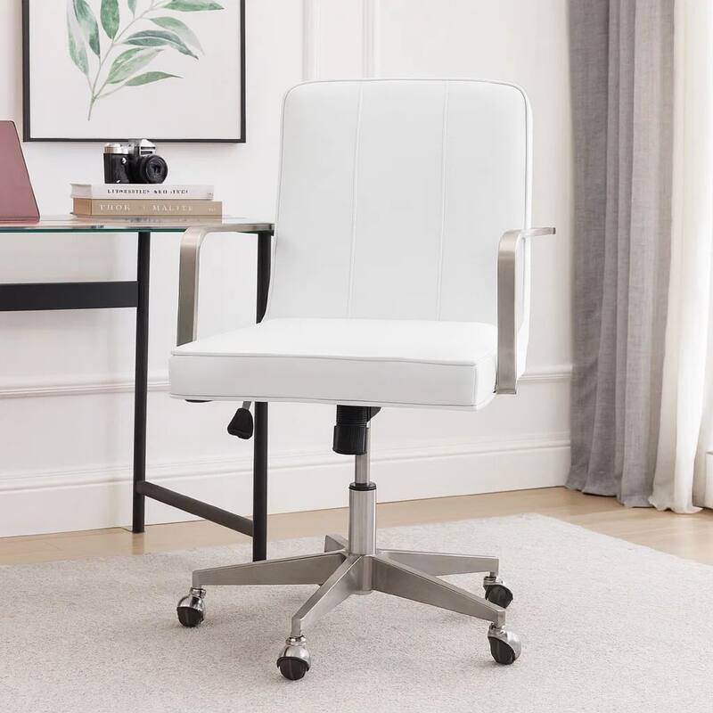 Rux 26 Inch Office Swivel Chair, White Faux Leather, Rolling Steel Base