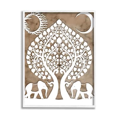 Stupell Boho Elephants Tree of Life Abstract Sun Moon Framed Wall Art - White