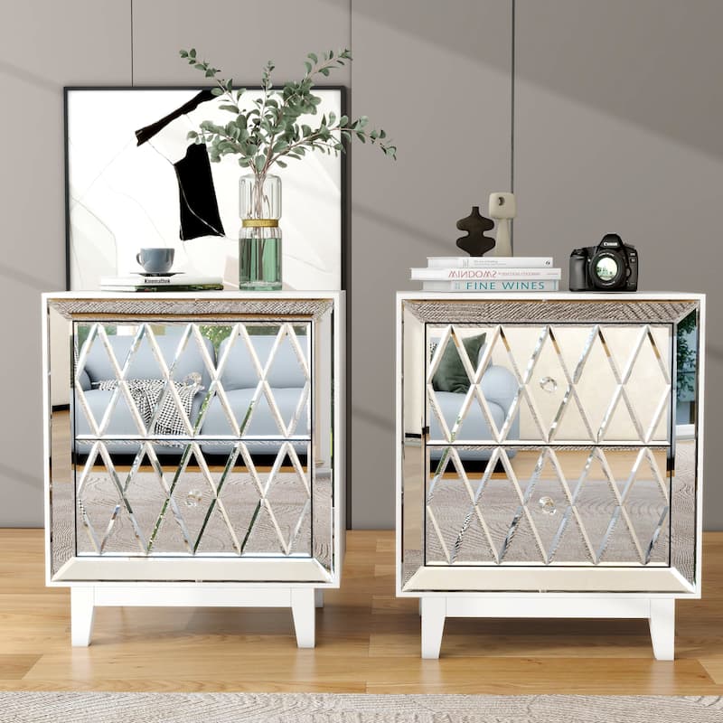 2-Drawer Mirrored Nightstand, Set of 2 - White