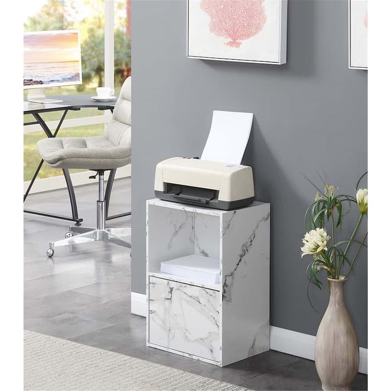 1 Door Storage Cabinet - Modern Home Office Cabinet - White Marble Finish - Chrome Knobs - Living Room Organizer