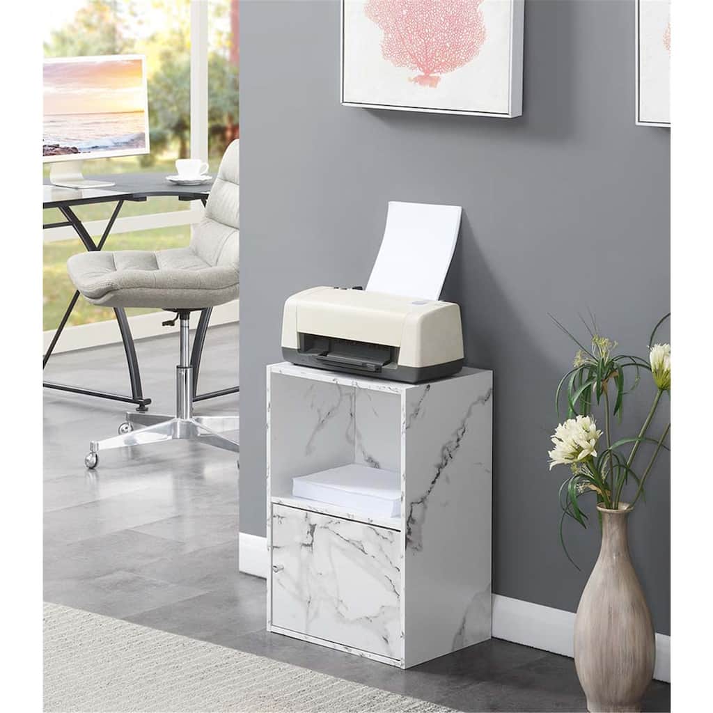 1 Door Storage Cabinet - Modern Home Office Cabinet - White Marble Finish - Chrome Knobs - Living Room Organizer