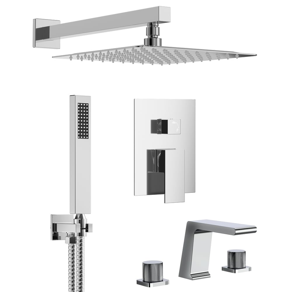 GRANDJOY 10" Rainfall Shower System with 2-Handle Waterfall Bathroom Sink Faucet Combo Set