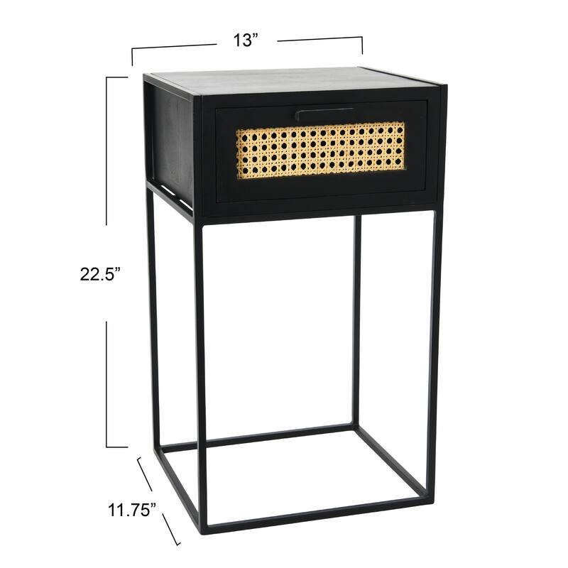 Solid Wood Nightstand with Metal Legs and Woven Cane Drawer Detail