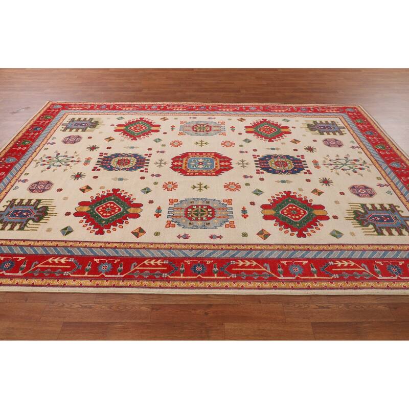 Geometric Beige / Ivory Kazak Area Rug Handmade Wool Carpet - 6'7" x 9'7"