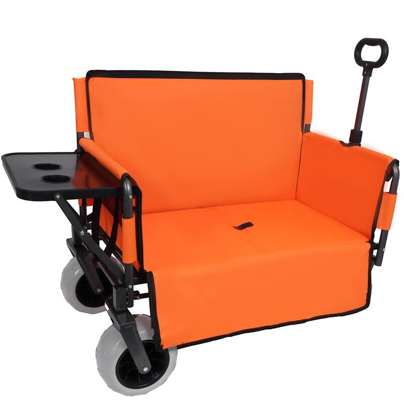 3-in-1 Folding Wagon with Bench Seat & Rear-Mounted Folding Tabletop - 500lbs Capacity, 9"x4" Beach Tires for Camping