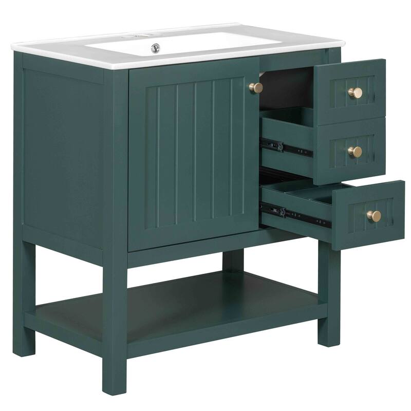 30" Transitional Bathroom Vanity Cabinet with Ceramic Sink, Soft-Close Doors, Multifunctional Storage, Blue Finish
