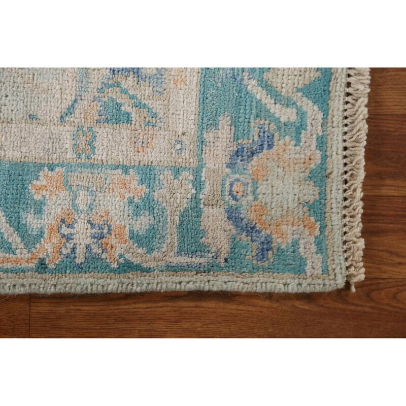 Hand Knotted Oriental 100% Wool Carpet Transitional Geometric Green Oushak Area Rug - 2' 11'' X 1' 11''