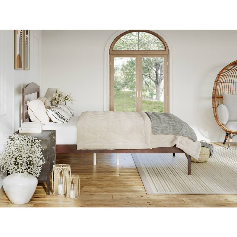 Queen Platform Bed - Victorian Style Bed Frame with Headboard & Slats - Walnut Finish