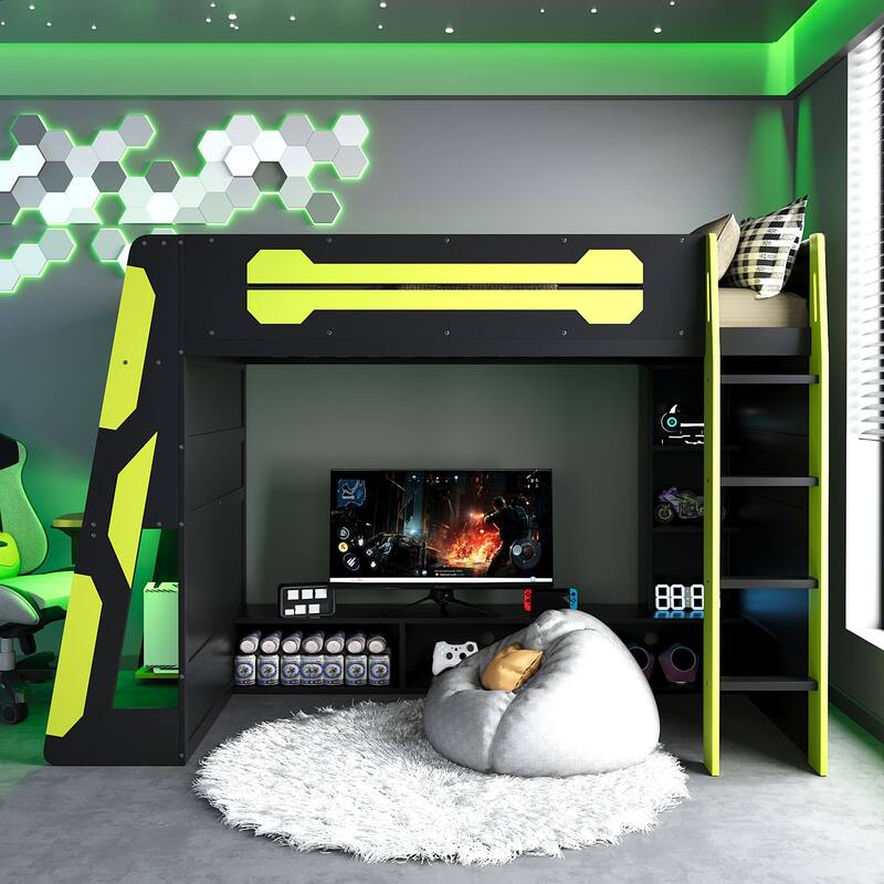 Loft Gaming Bed with Desk, RGB Light & Charging Station by Harper&Bright Designs
