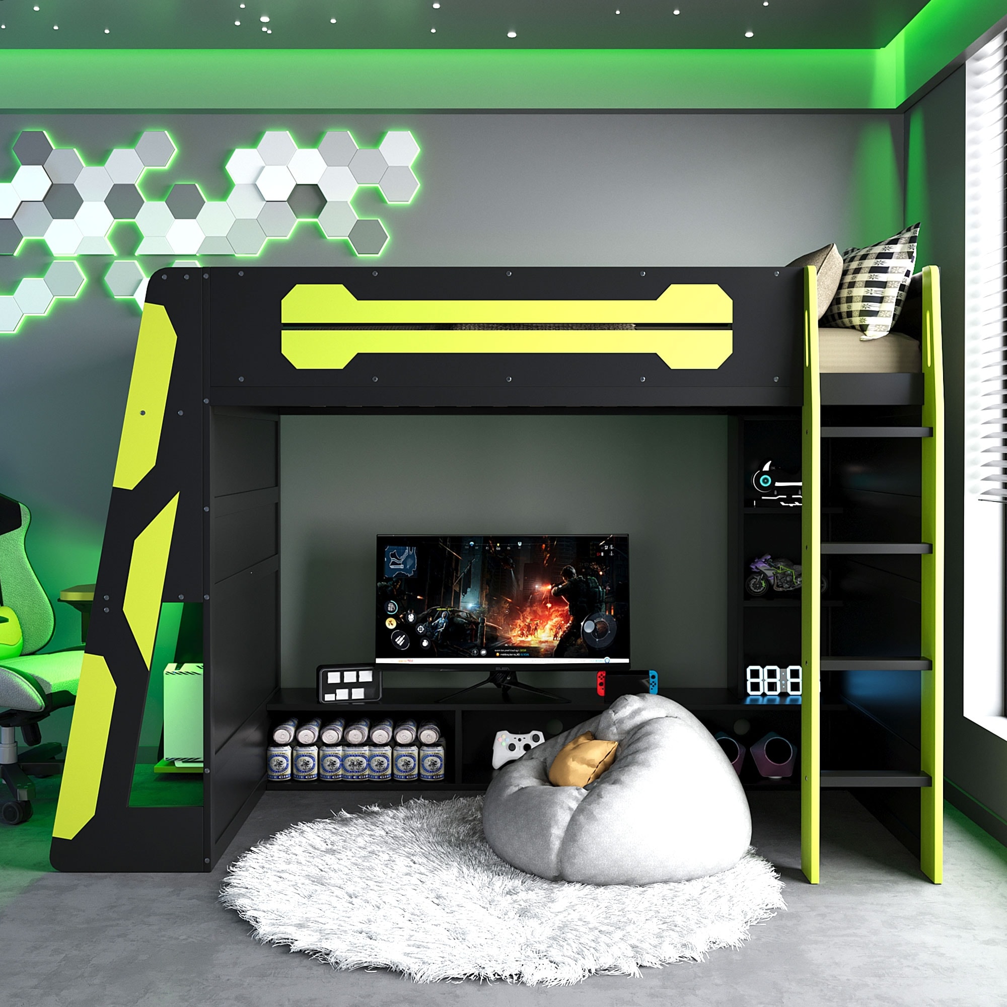 Roomfitters Twin Gaming Loft Bed with Desk, Shelves and RGB Light Strip, Esports Style