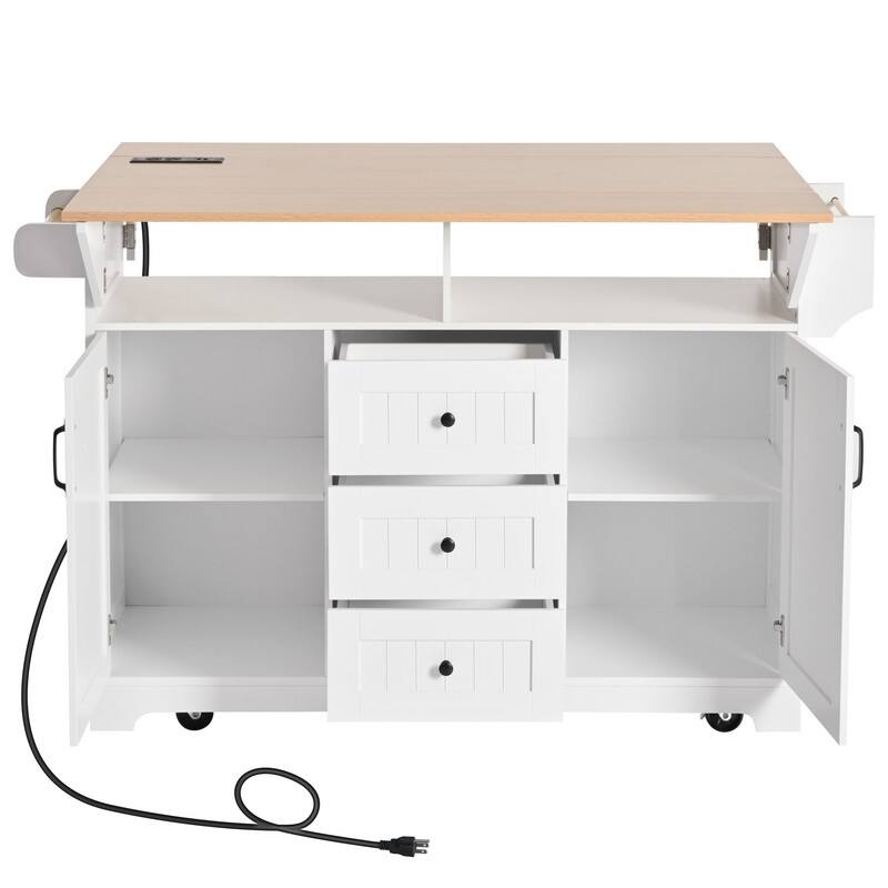 55.7" Rolling Kitchen Island with 2 Drop Leaf Power Outlet Spice Rack and 3 Drawers