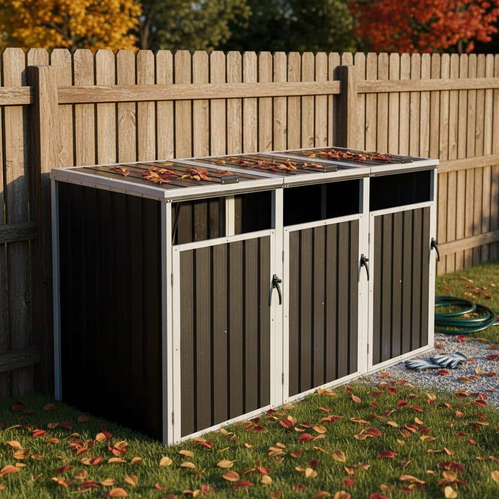 Garbage Bin Shed Stores 3 Trash Cans Metal Outdoor Bin Shed for Garbage Storage,Dark-grey