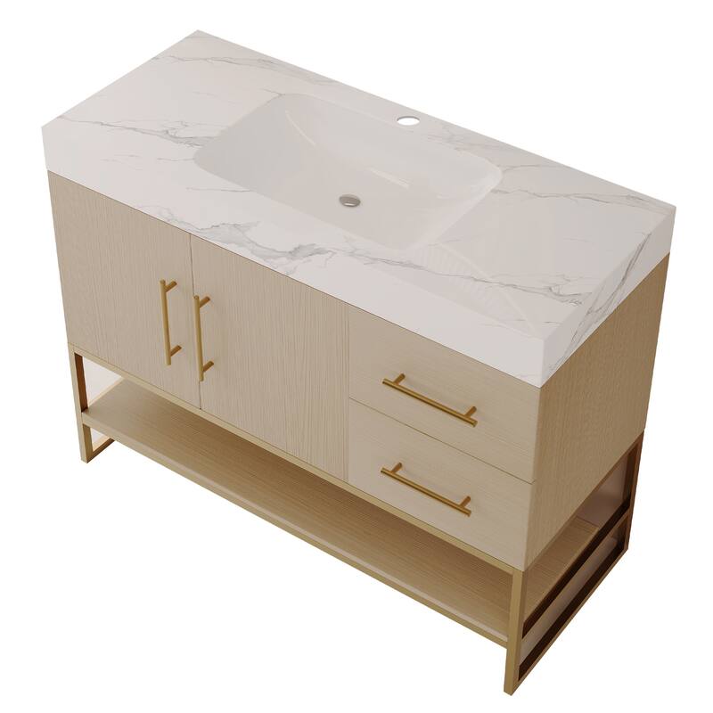 GDFStudio - Luxury 36" Freestanding Sintered Stone Bathroom Vanity with Seamless Ceramic Sink, Open Storage & Soft-Close Drawers