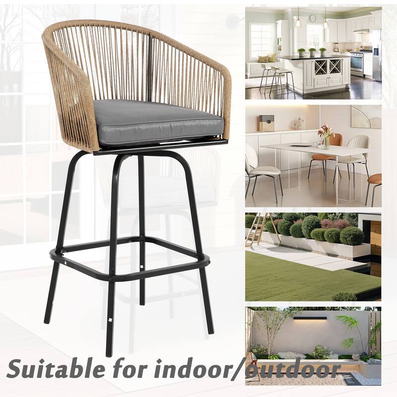 Outdoor Bar Stools Set of 2,All-Weather Rattan Bar Chairs with Armrests & Backrest