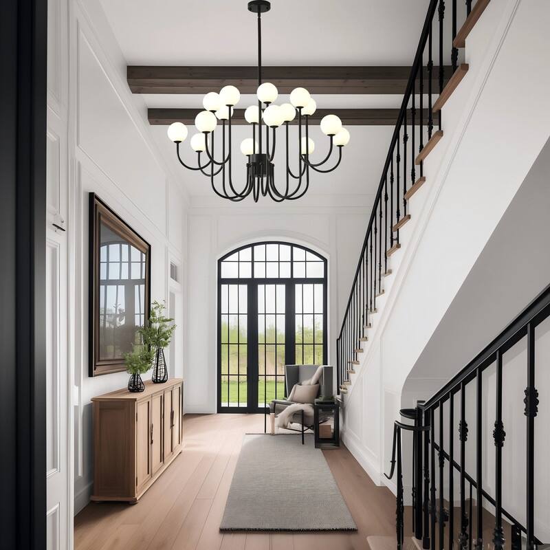 16 Lights Black Sputnik Chandelier 49in Modern Chandelier Mid Century Chandelier with Milk Glass Globe Shades - 36.61