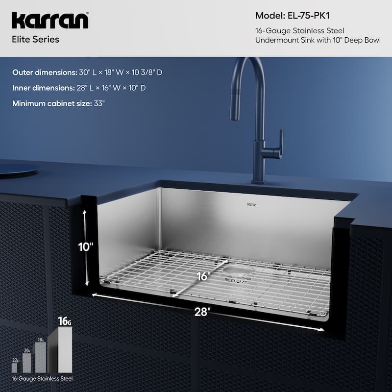 Karran 30" Undermount Large Single Bowl Stainless Steel Sink Kit