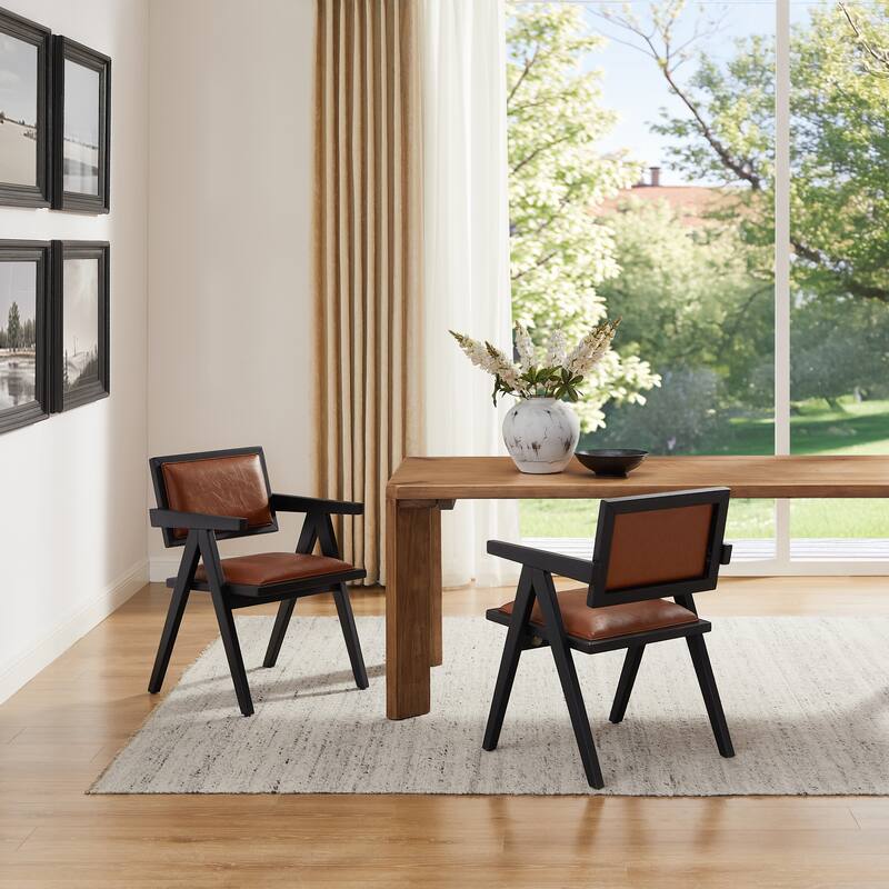 Art Leon Set of 2 Wood and Upholstered Accent Dining Chair with Wooden Armrest