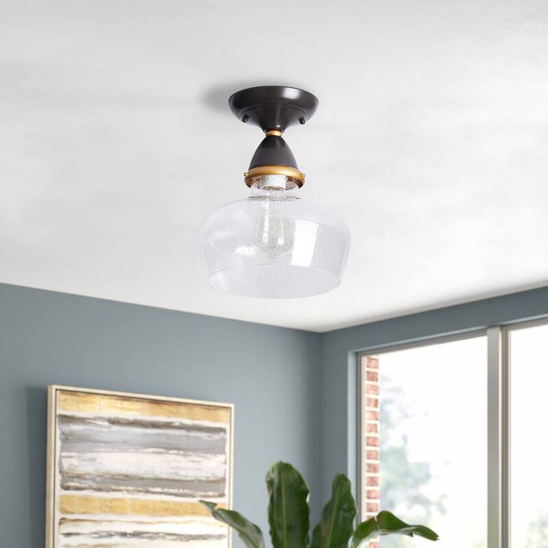 Vintage Brown 1-Light Clear Seeded Glass Semi Flush Mount Ceiling Lamp