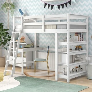 White Pine Wood Loft Bed with Desk, Ladder, and Shelves, High Guard Rails