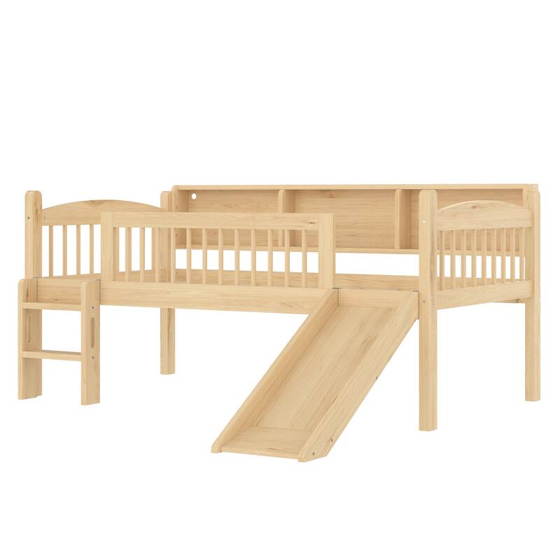 Twin XL Loft Bed with Storage Shelves, Solid Wood Lower Loft Bed with LED Lights and Full-length Guardrails