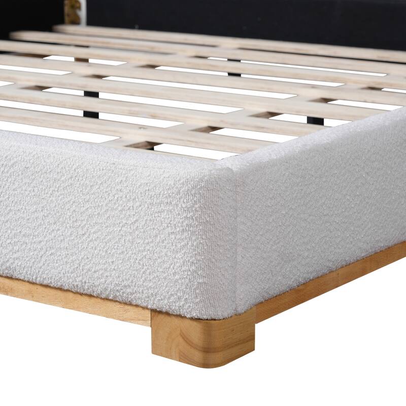White Platform Bed Wingback Frame with Boucle Upholstered Curved Headboard, Solid Wood Base Low Profile Bed