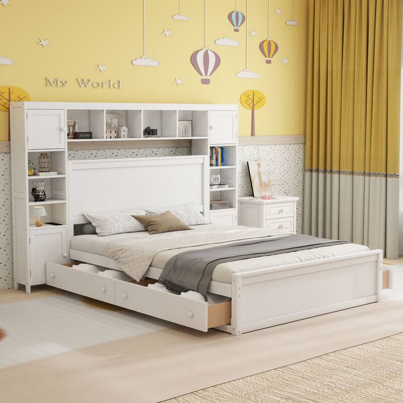 Modern Platform Bed with Integrated Cabinet, Trundle Bed and Drawers