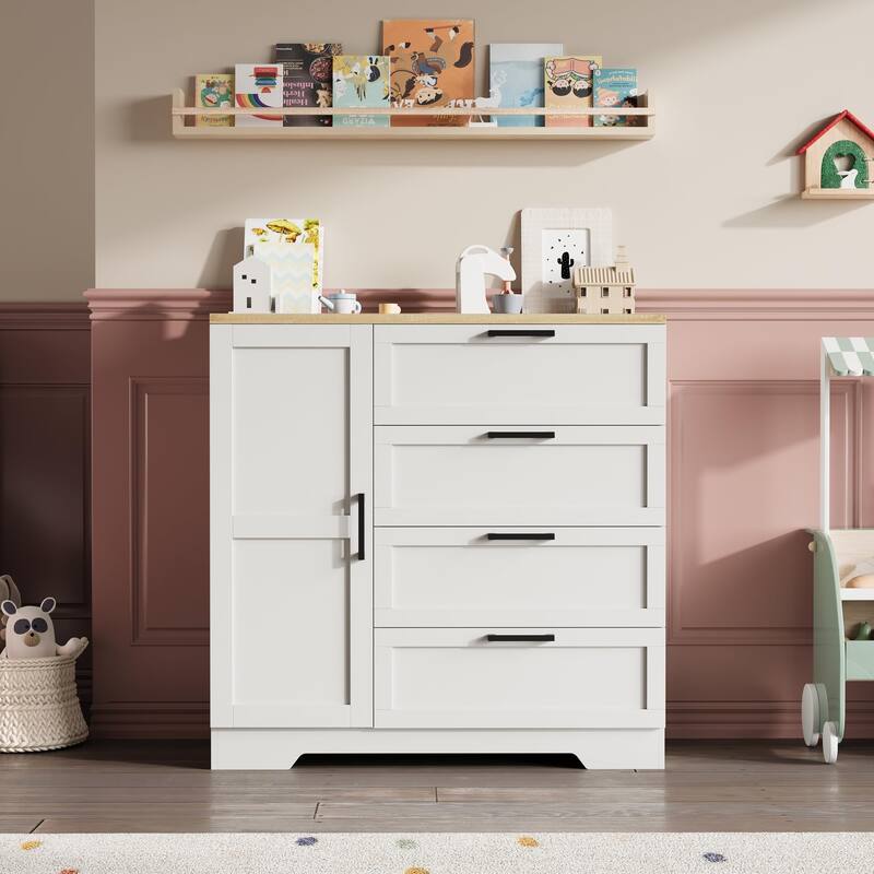43.3'' Small Wardrobe Closet, Wardrobe Cabinet with Door, 4 Drawers and Handing Rod, Wooden Clothes Cabinet