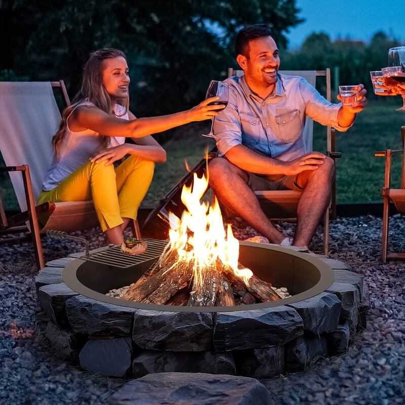 Black Carbon Steel Fire Pit Ring with BBQ Fire Ring, Swivel Grate - 34.84 x 34.84 x 13.15 in