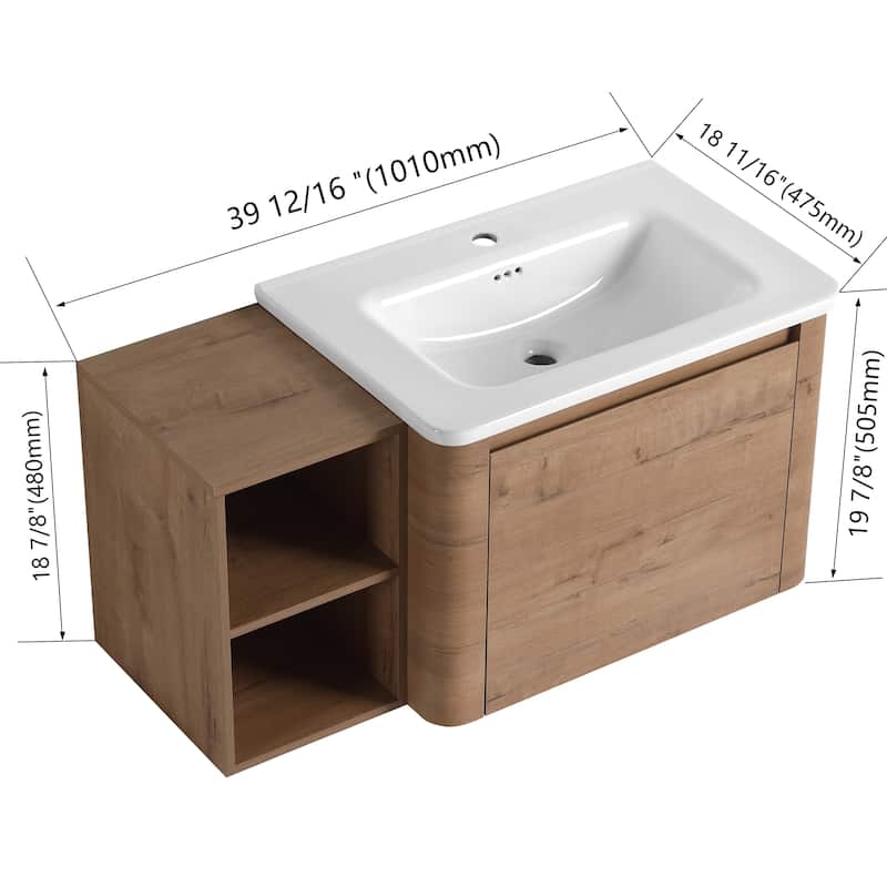 40'' Wall-Mounted Bathroom Vanity with White Ceramic Sink and Storage Shelves & 1-Soft-Close Door, KD-Packing, Plywood
