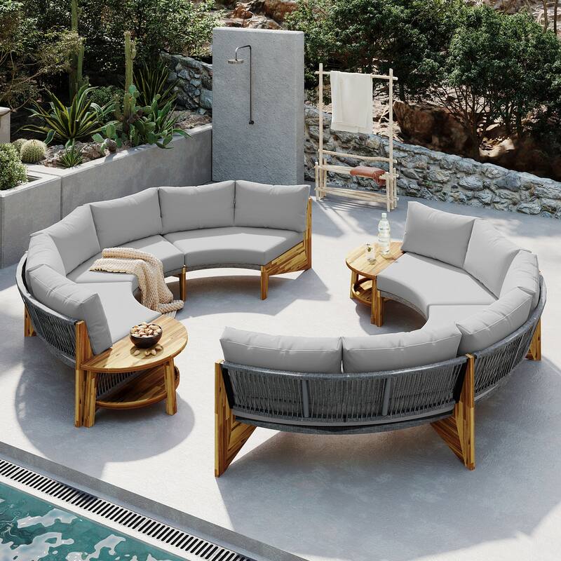 Outdoor 12-Seater Acacia Round Sectional Sofa Set with Coffee Table