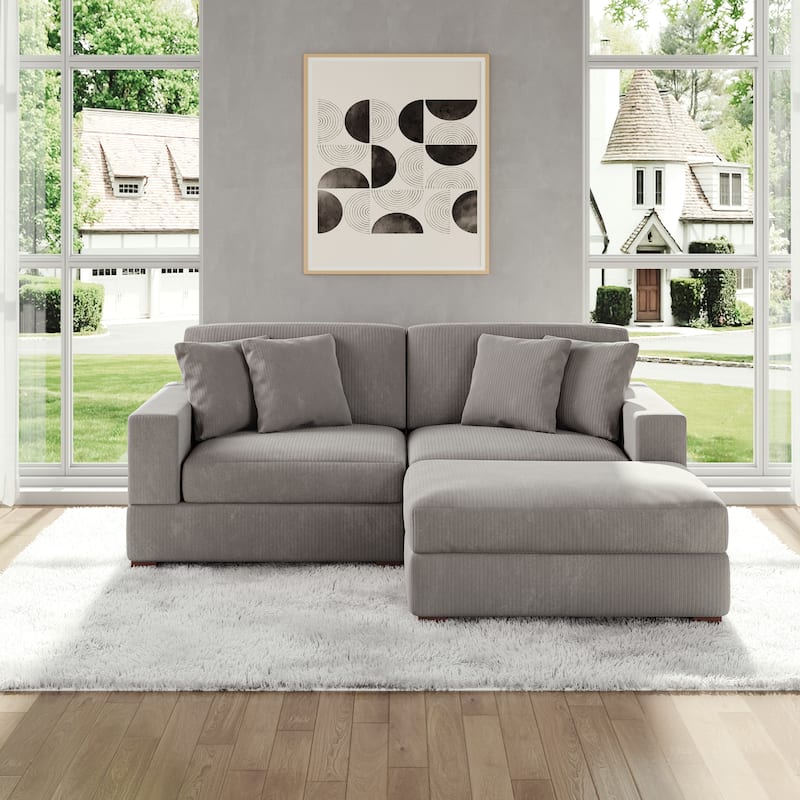 Modular Corduroy Sectional Sofa Set Chaise Couch with Ottoman - Light Grey-3 Piece