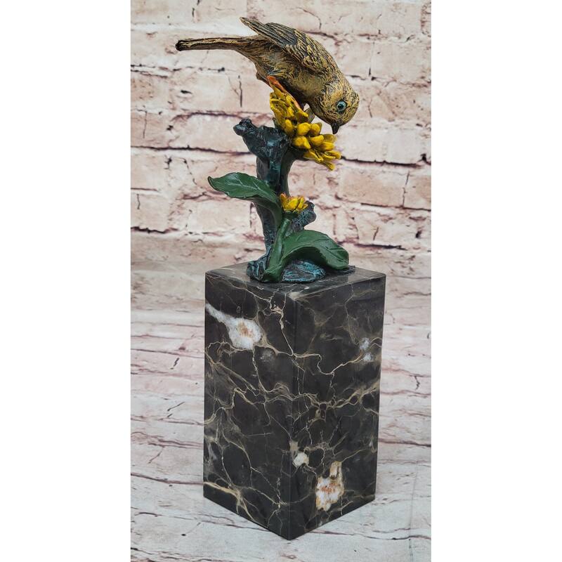Hot Cast Bronze Sparrow Finch Yellow Bird On Marble Base - Original Art By Milo